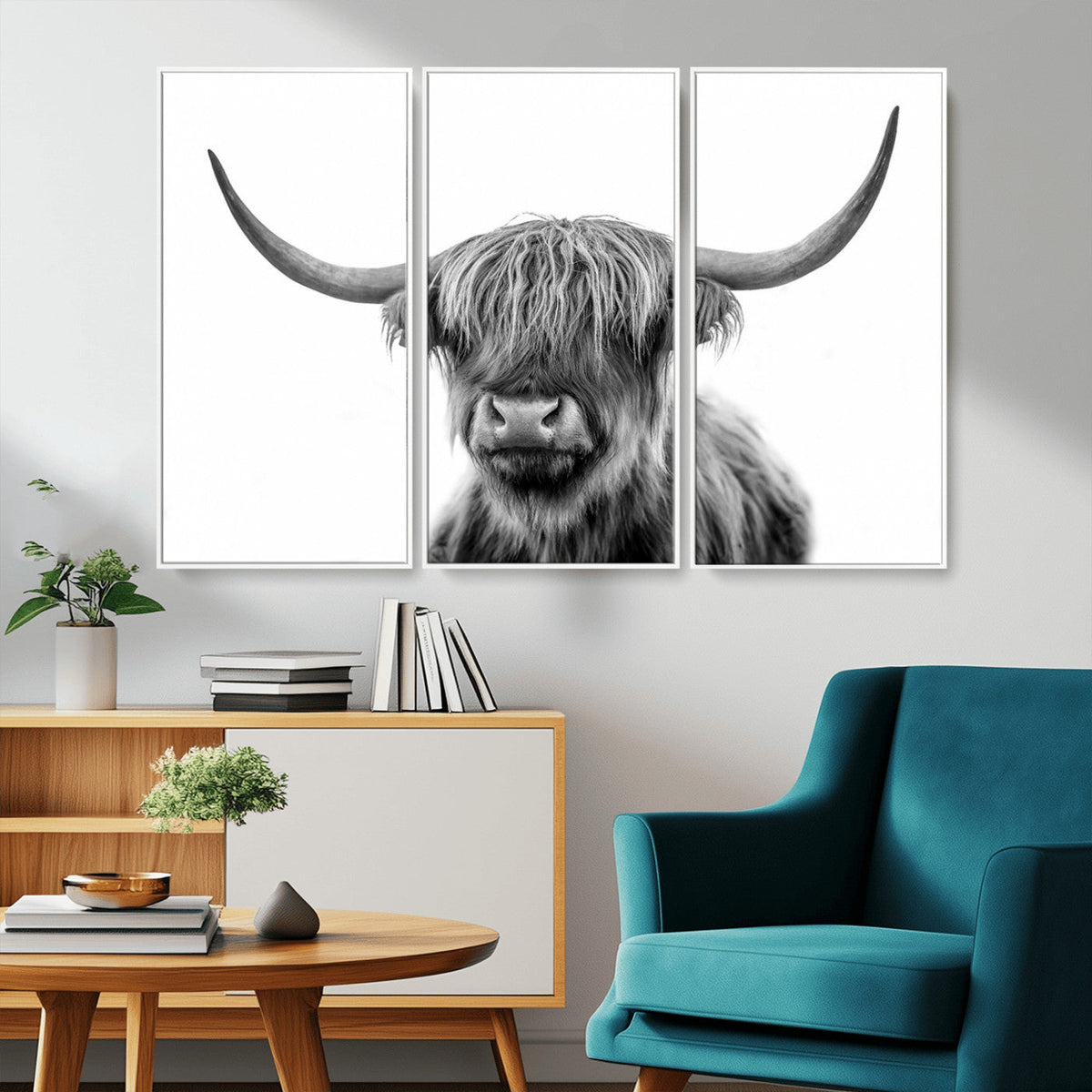 Grayscale Scottish Highland Cow Cattle Art Print Farmhouse