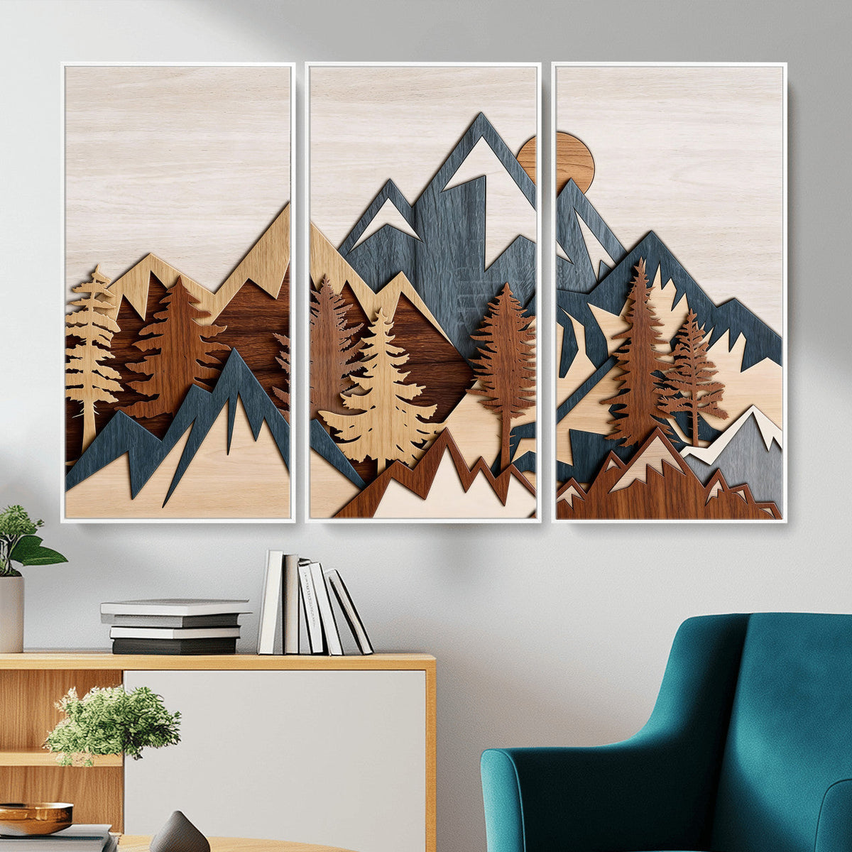 Woodland Mountain Landscape Triptych, Giclee Canvas Art for
