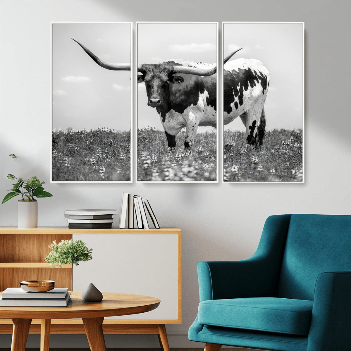 Texas Black White Highland Longhorn Cow Wall Art Canvas