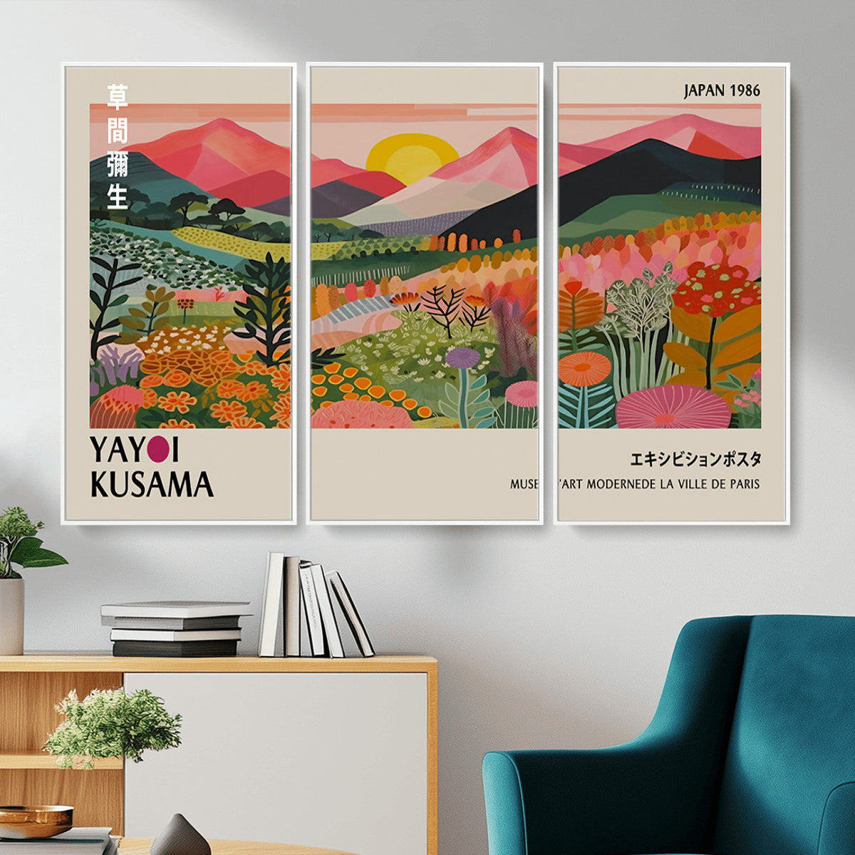 Yayoi Kusama Landscape Canvas Print, Vibrant Floral Mountain Art Print, Framed Botanical Wall Art -