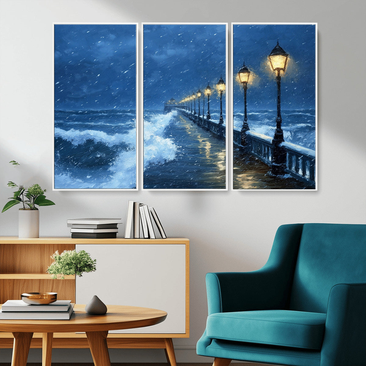 Stormy Ocean Pier Lights Canvas Wall Art Print - Large Moody