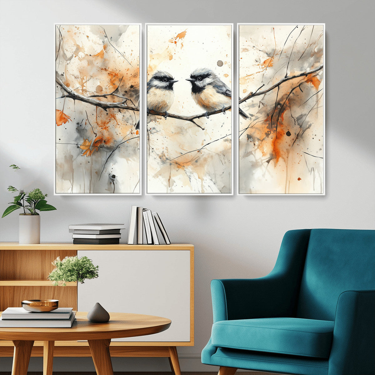 Abstract Watercolor Chickadee Bird Canvas Wall Art Print -