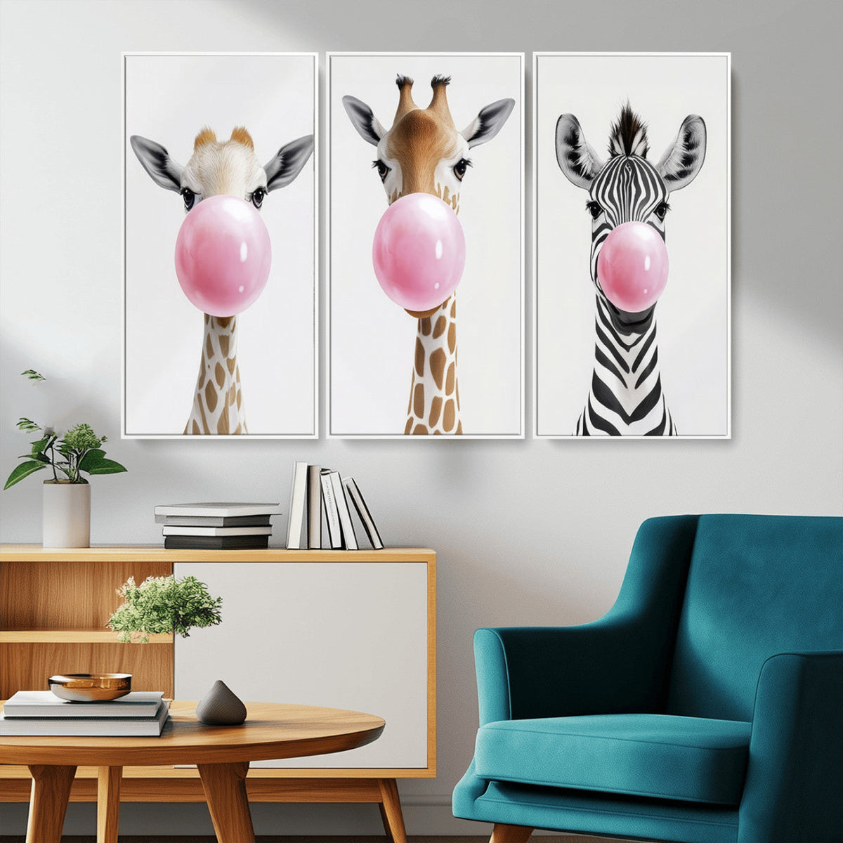 Bubblegum Animals Canvas Wall Art - Playful Giraffe and