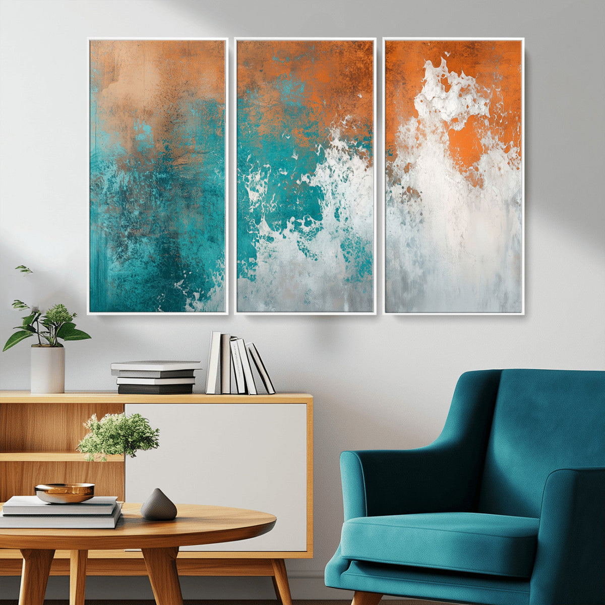 Vintage Abstract Print - Bold Teal and Orange Canvas Wall