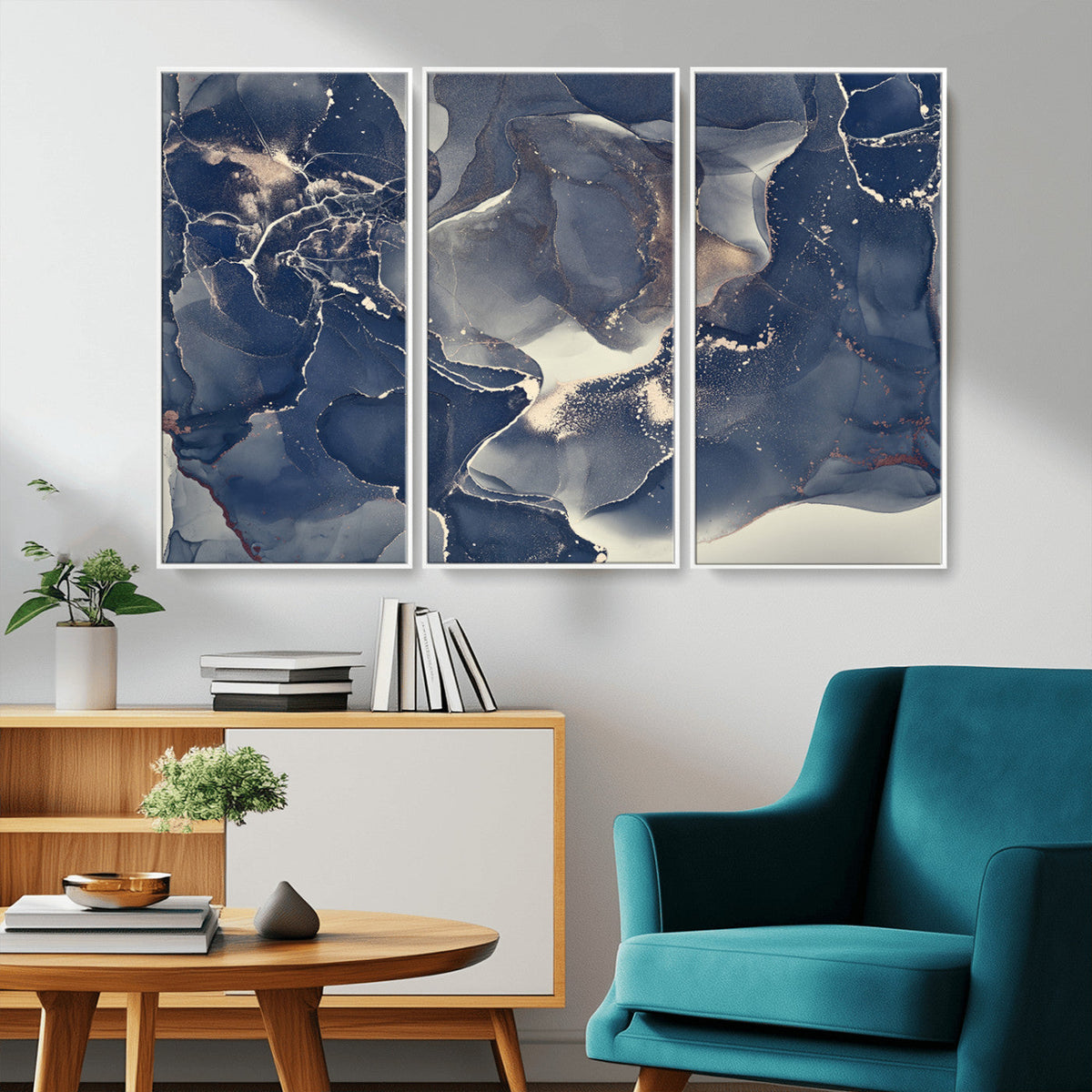 Large Abstract Blue and Gold Canvas Wall Art Fluid Ink