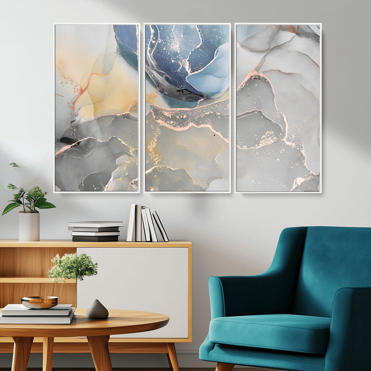 Large Abstract Blue and Gold Canvas Wall Art | Fluid Ink