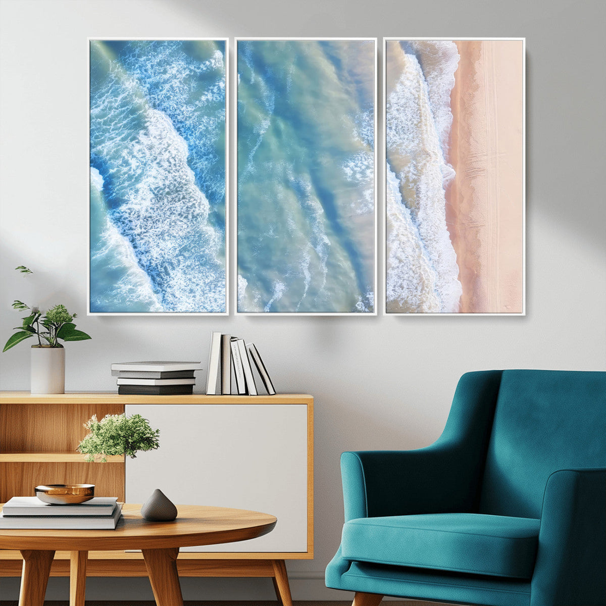 Aerial Ocean View Wall Art Canvas Print – Framed Soft Blue