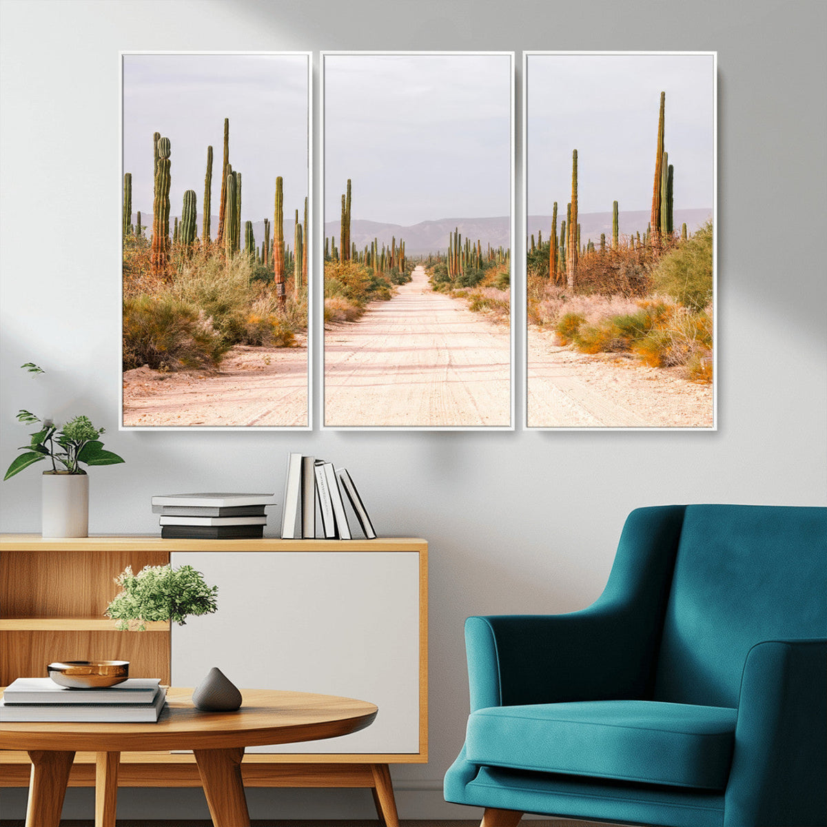 Desert Cactus Lined Road Wall Art Canvas Print – Framed