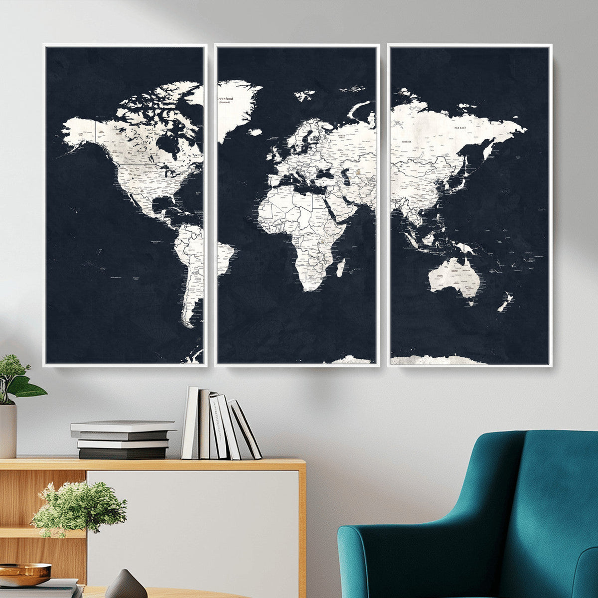 Black World Map Wall Art Canvas Print for Home Office and