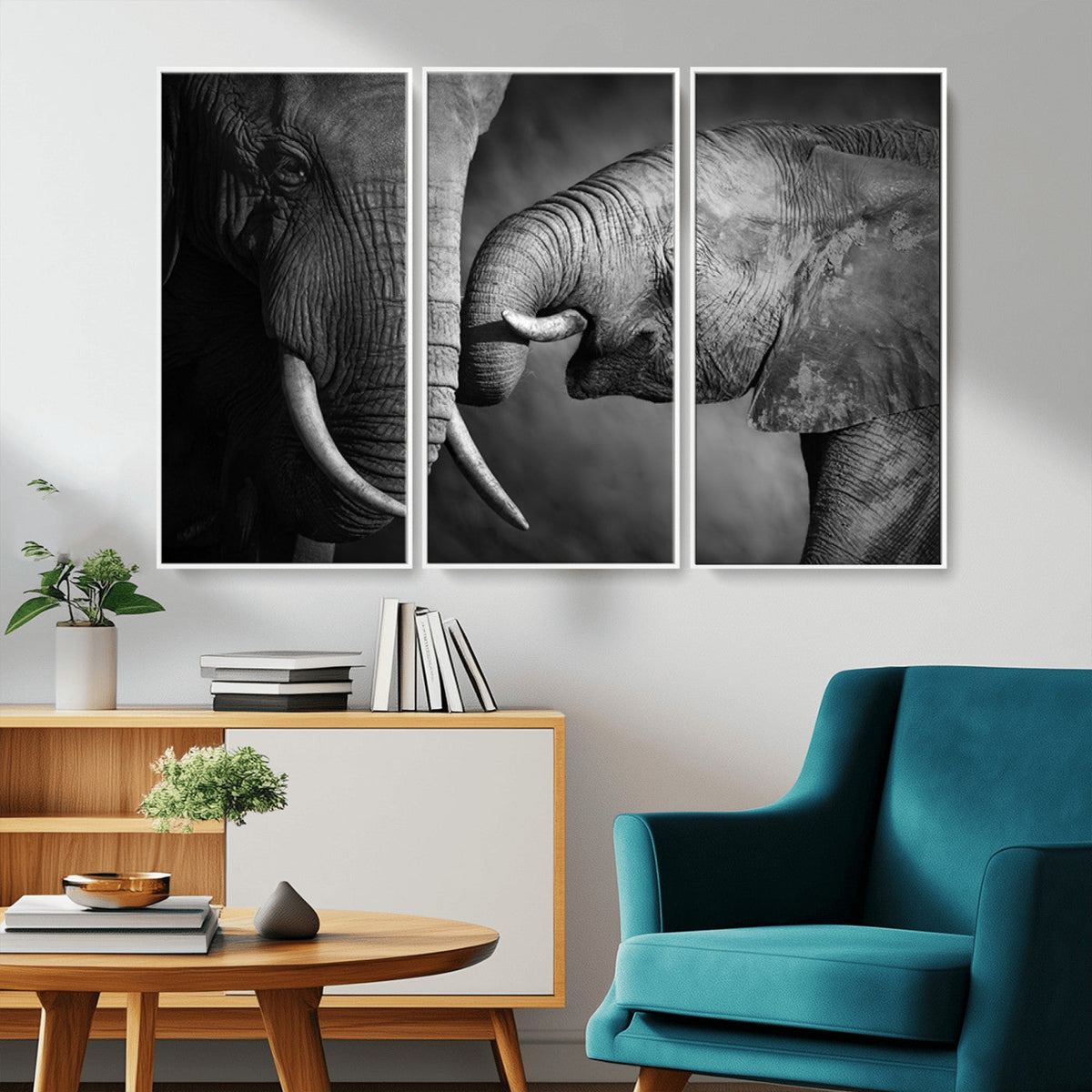Elephant Family Wall Art Canvas, Framed Elephant Family