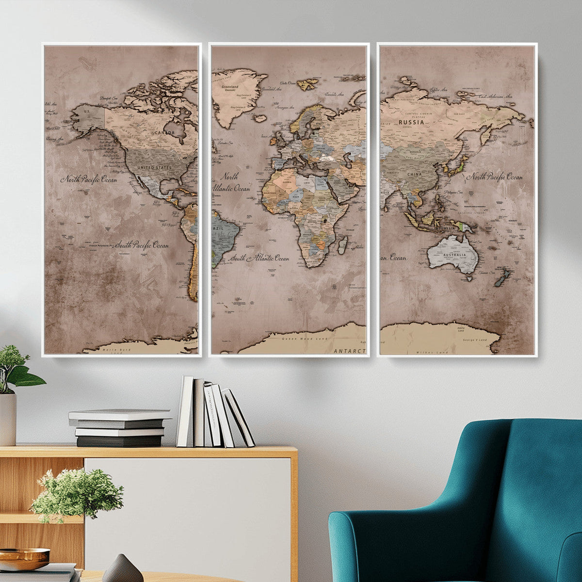 Grunge World Map Canvas Wall Art - Vintage Aged World Map
