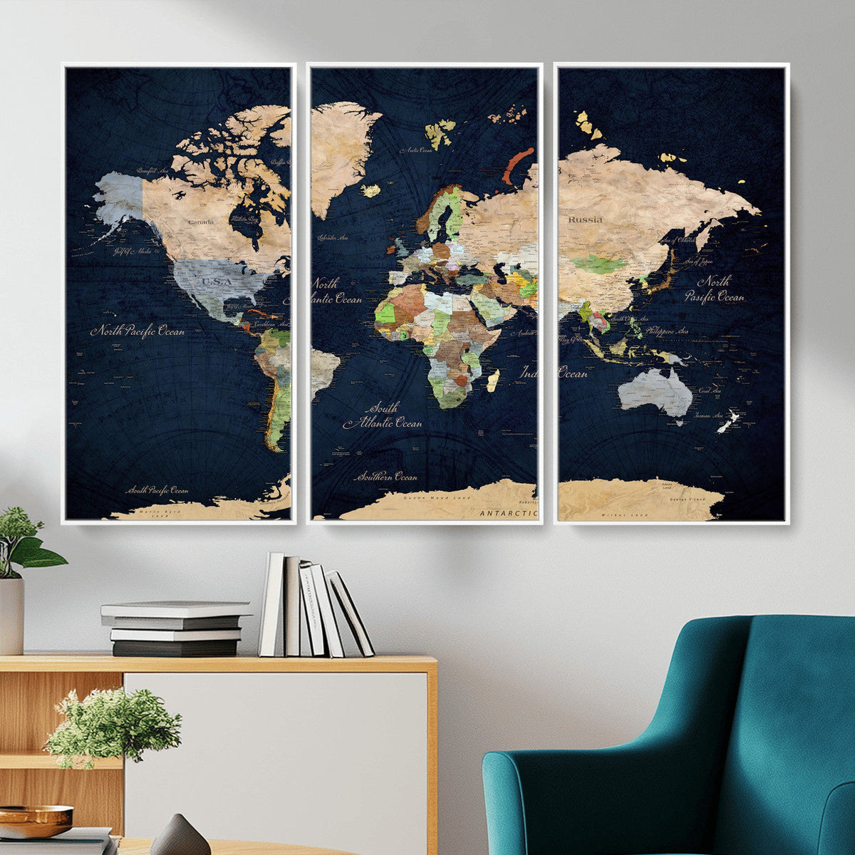 Minimalist World Map Canvas Wall Art - Watercolor Blue and