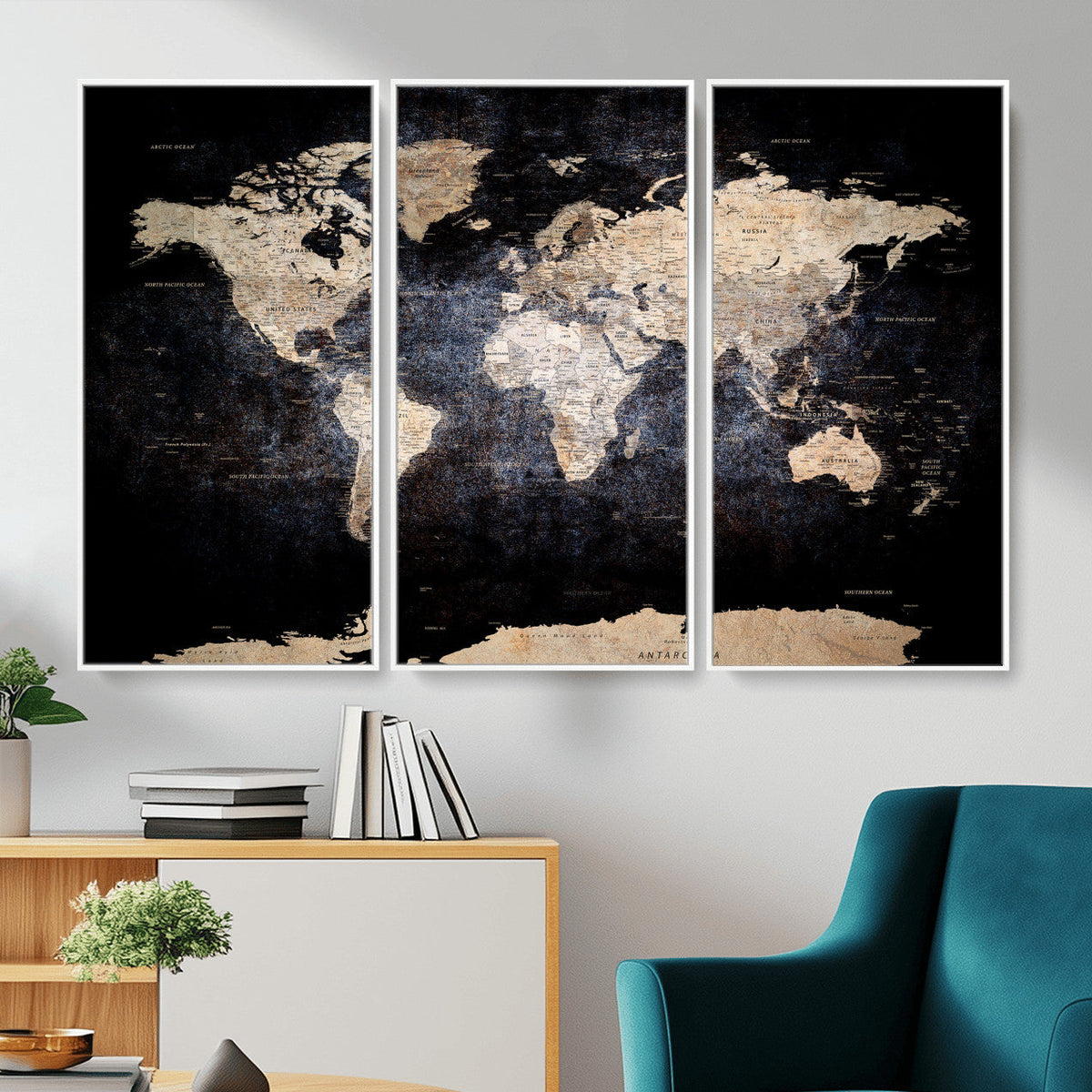 Grunge World Map Wall Art | 3-Panel Large Beige and Brown