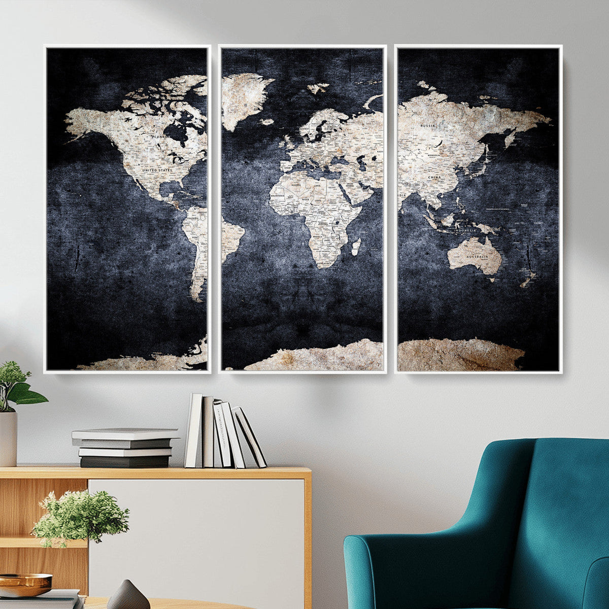 Vintage World Map Canvas Wall Art – Antique Triptych Map