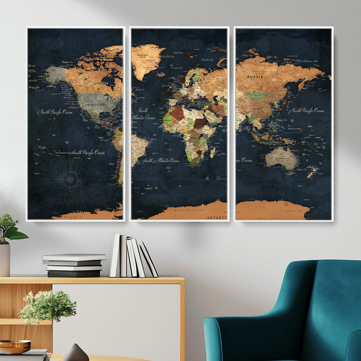 Vintage World Map Canvas Wall Art – Detailed Map with