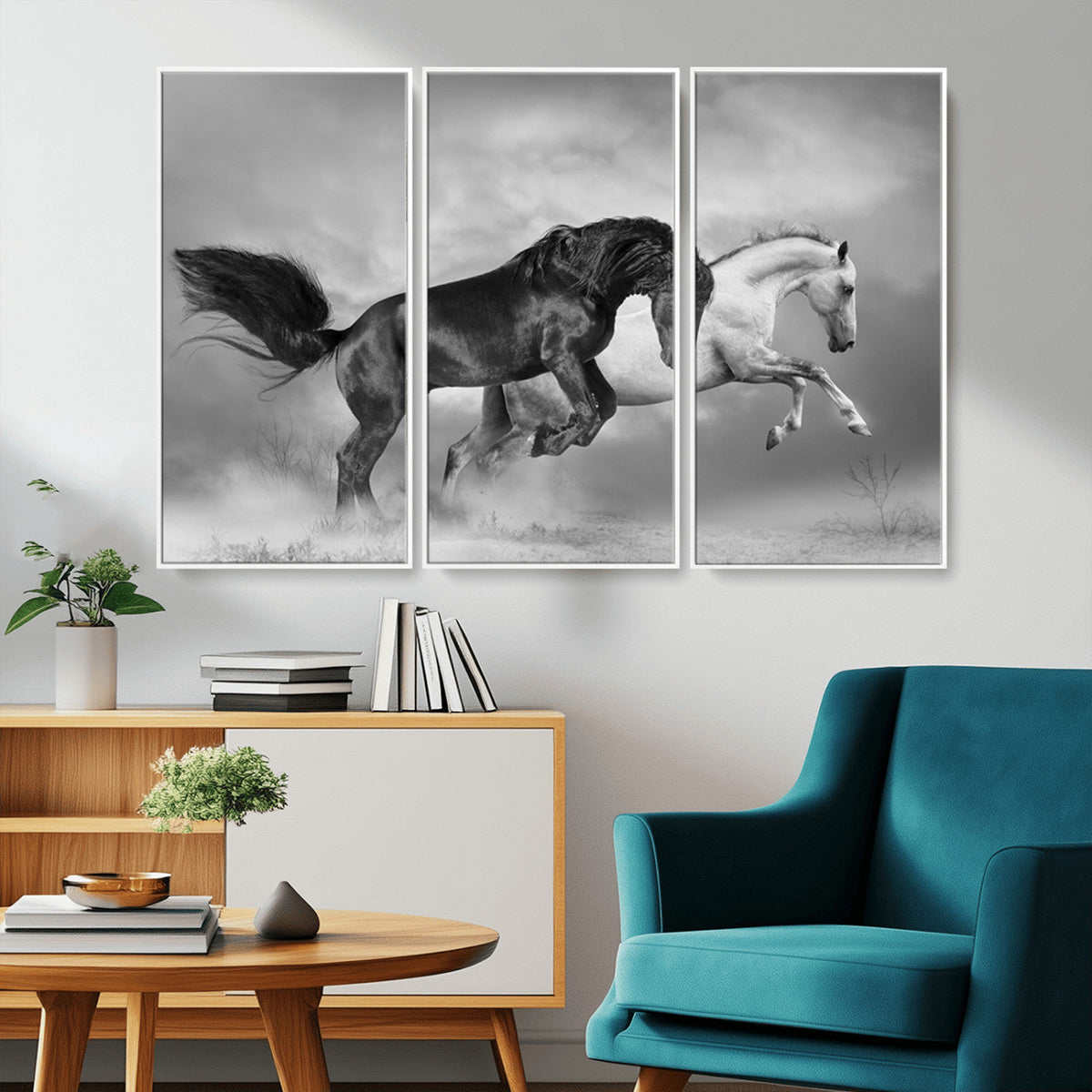 Wild Horses Wall Art Canvas Print – Framed Black and White