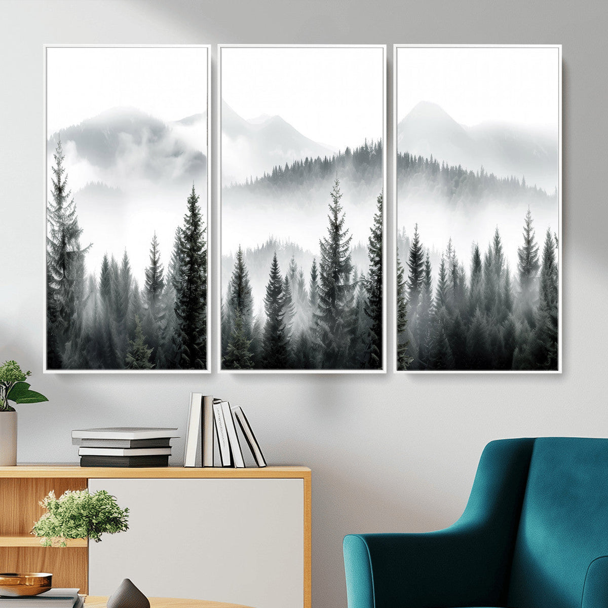 Misty Pine Forest Mountain Landscape Wall Art Canvas Print