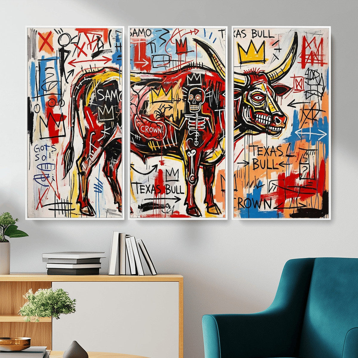 Texas Bull Wall Art Canvas Print, Abstract Graffiti Bull