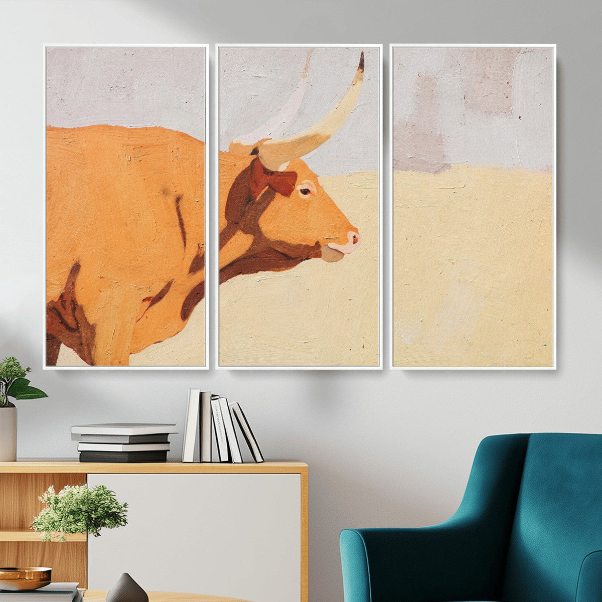 Minimal Longhorn Bull Wall Art Canvas Print, Neutral Western