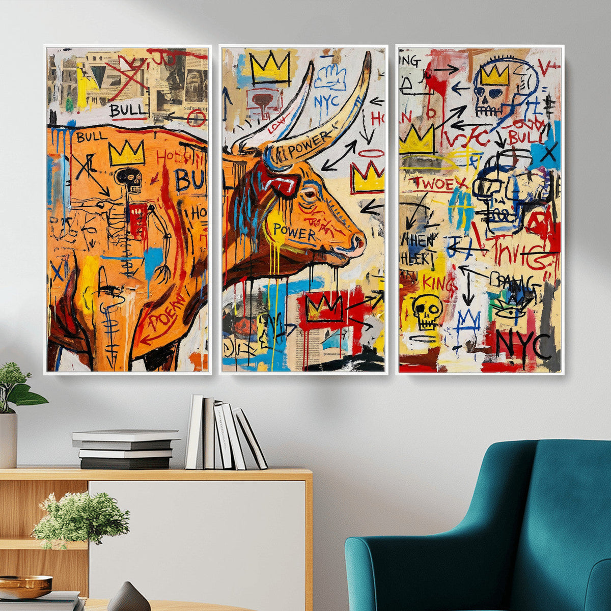 Basquiat Style Bull Graffiti Wall Art Canvas Print, Street