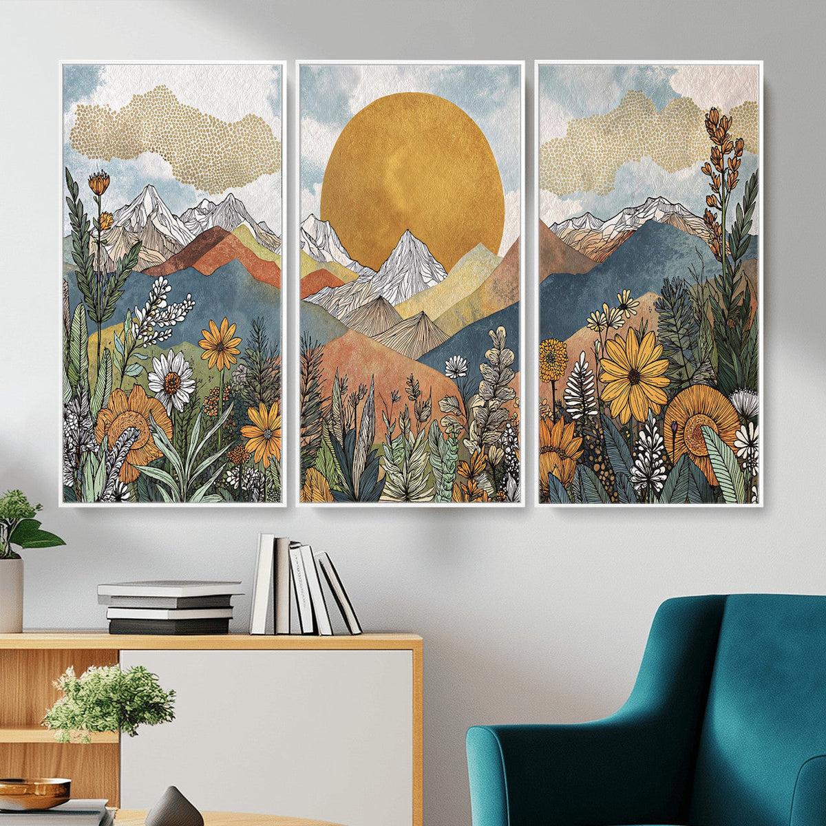 Boho Mountain Landscape Large Wall Art, Horizontal Gold