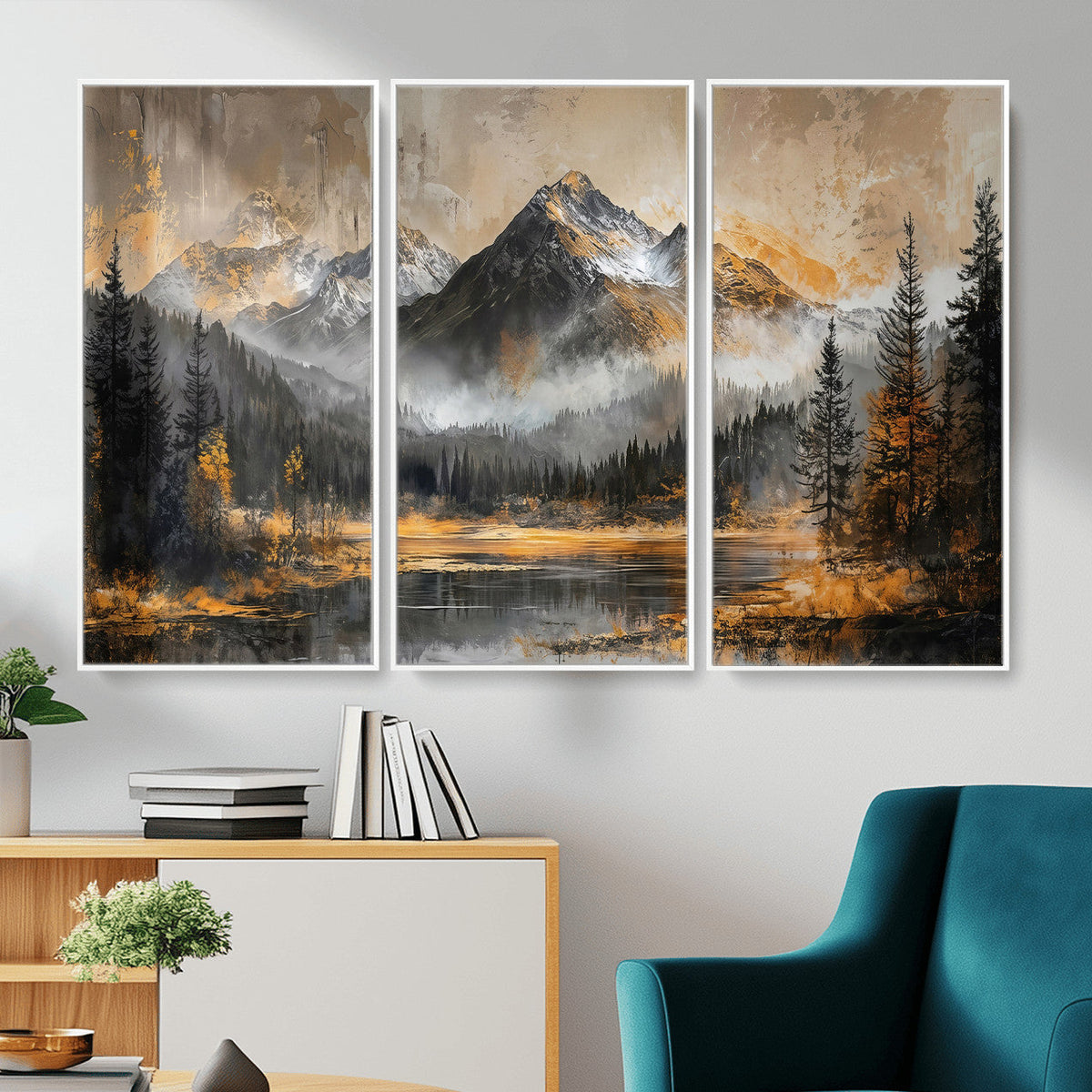 Mountain Lake Canvas Wall Art — Rustic Forest Landscape