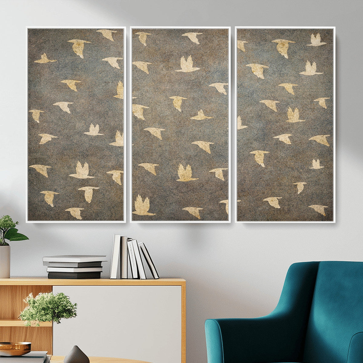 Flying Birds Canvas Wall Art, Vintage Bird Flock Pattern