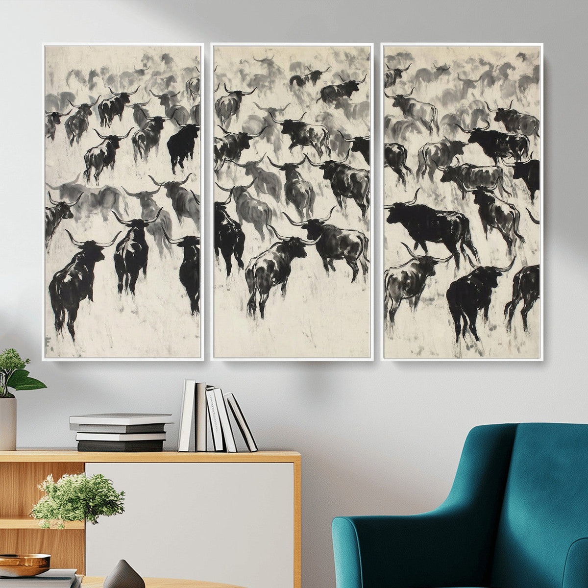 Longhorn Cattle Canvas Wall Art, Black White Stampede Ink