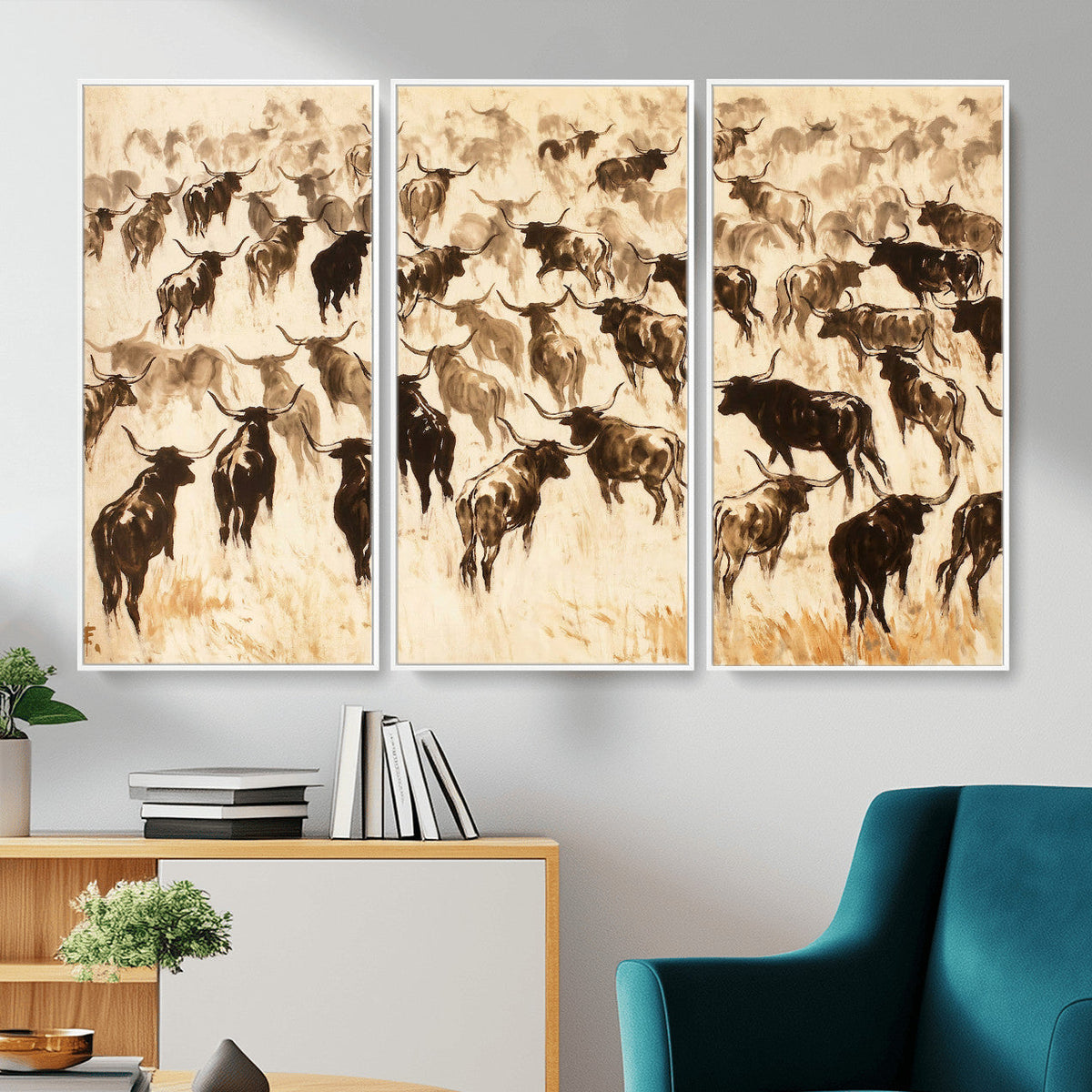 Texas Longhorn Sepia Canvas Wall Art, Western Cattle