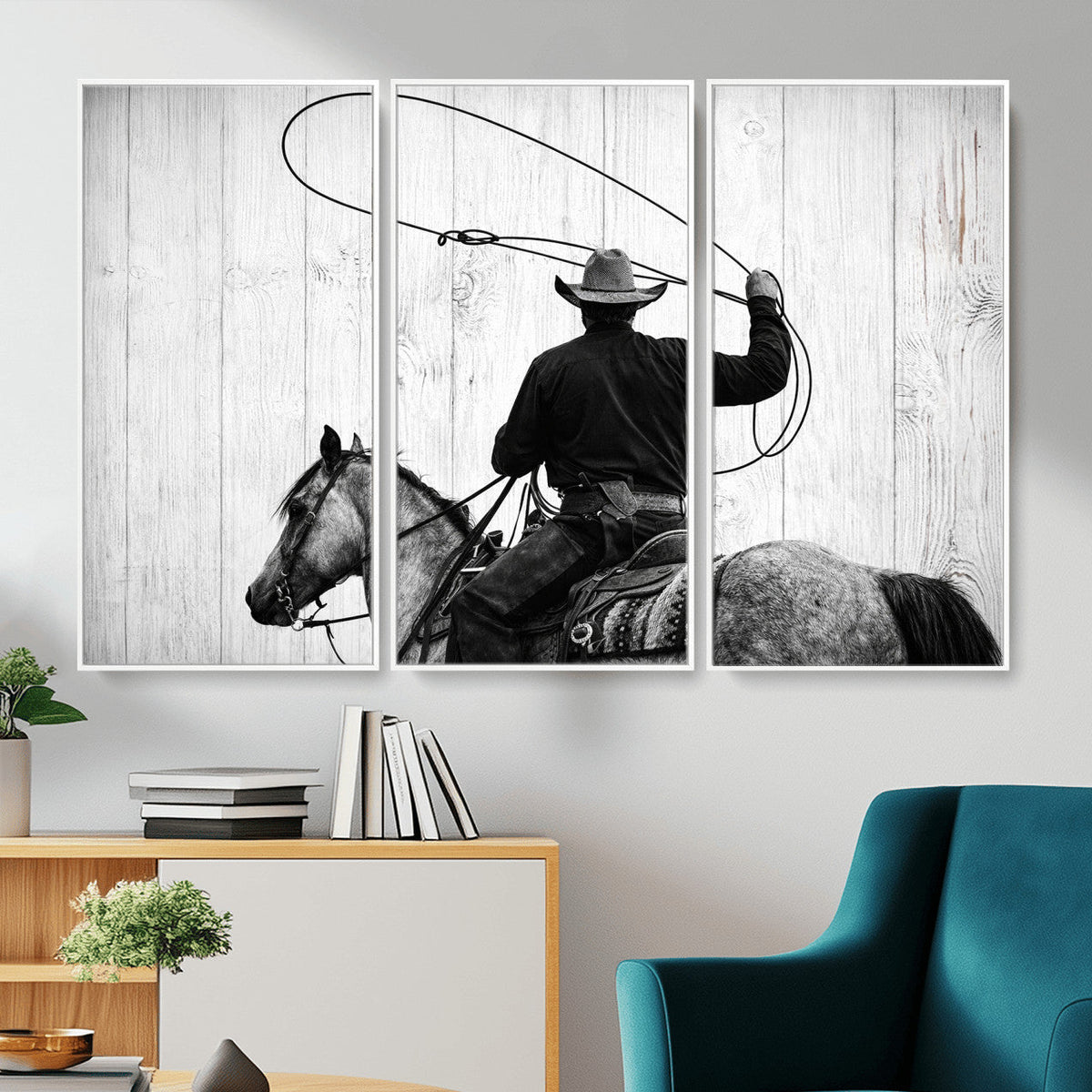 Cowboy Lasso Canvas Wall Art, Black White Western Horse