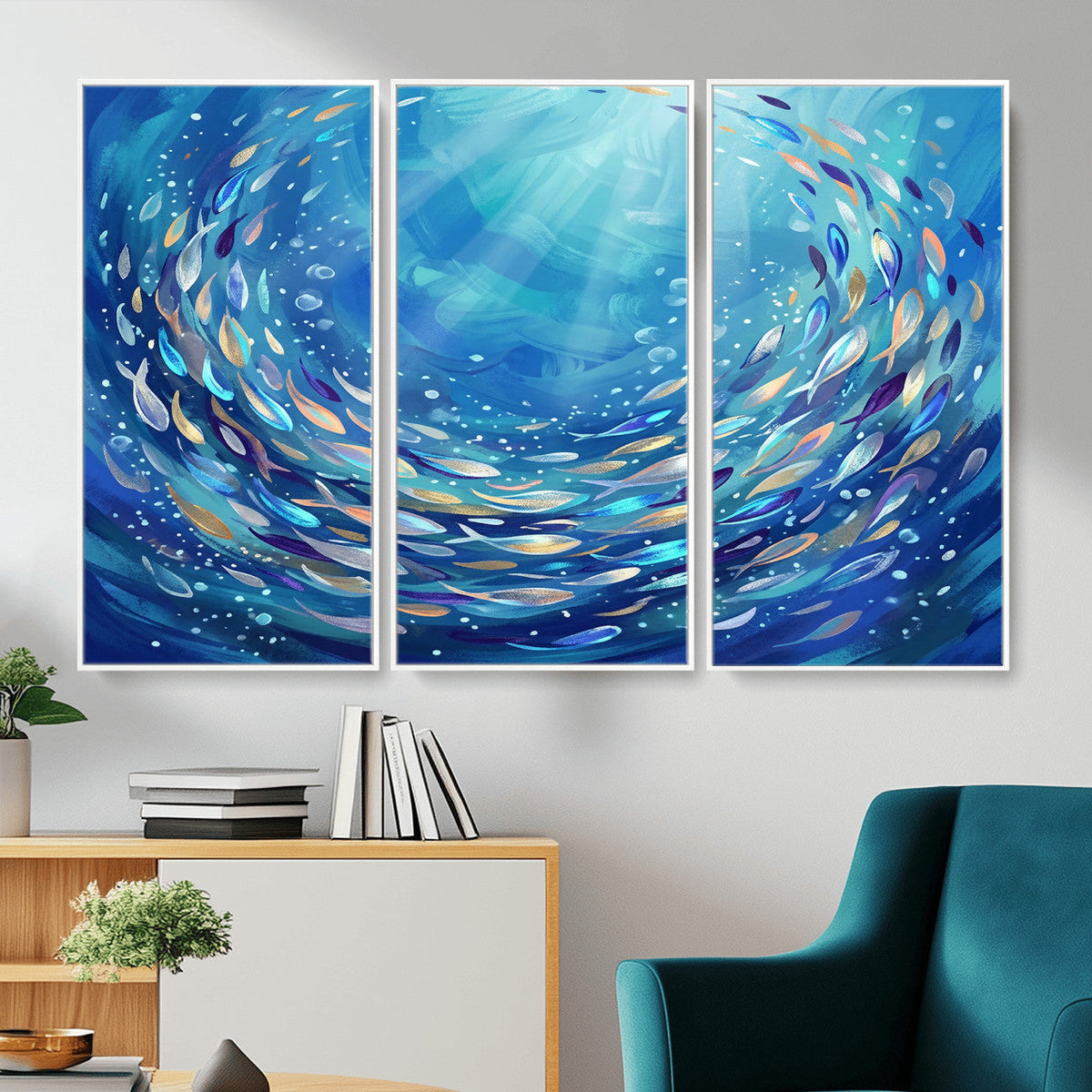 School of Fish Canvas Print | Blue Ocean Underwater Wall Art