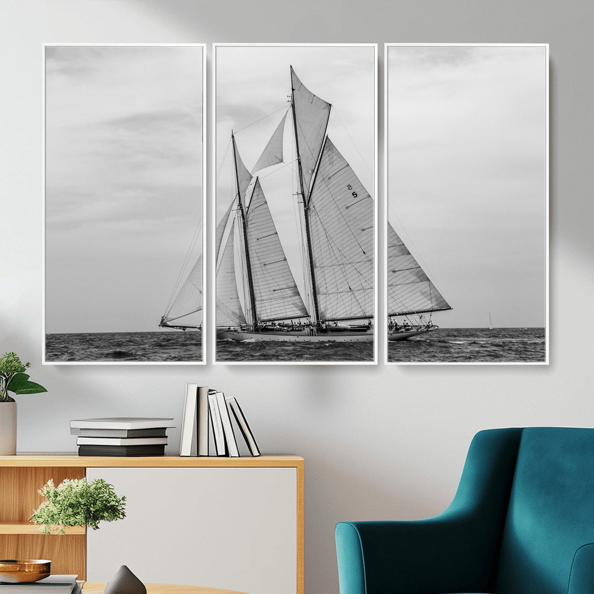 Vintage Sailboat Wall Art Canvas Print, Black and White