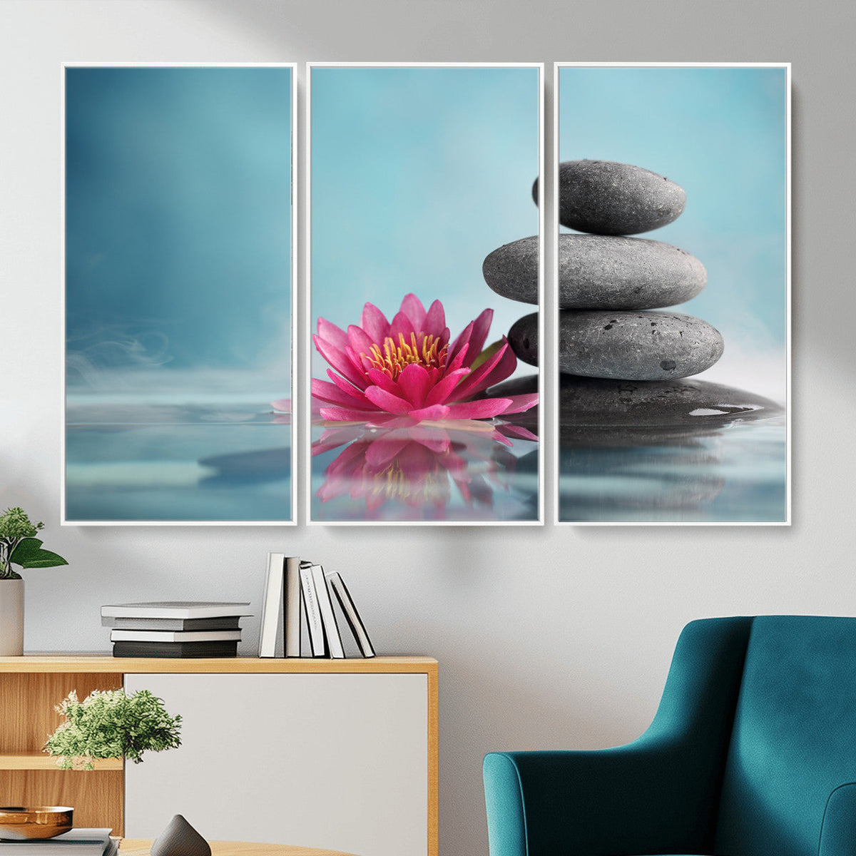 Zen Canvas Wall Art Lotus Flower Stacked Stones Teal Spa