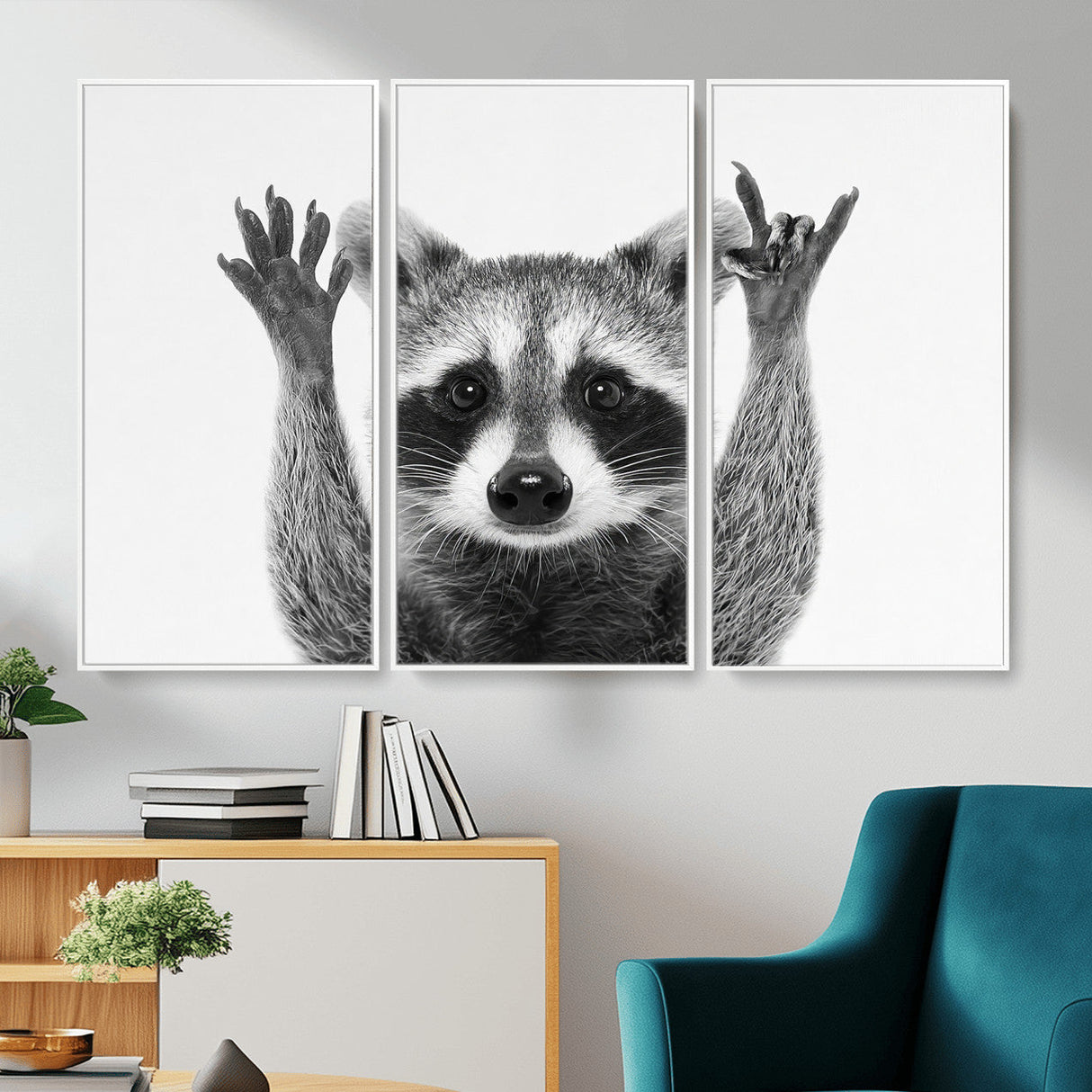 Funny Raccoon Canvas Wall Art, Black White Hands Up Animal Photo Print, Humorous Wildlife Decor, Kids Room Nursery Art, Quirky Animal Gift