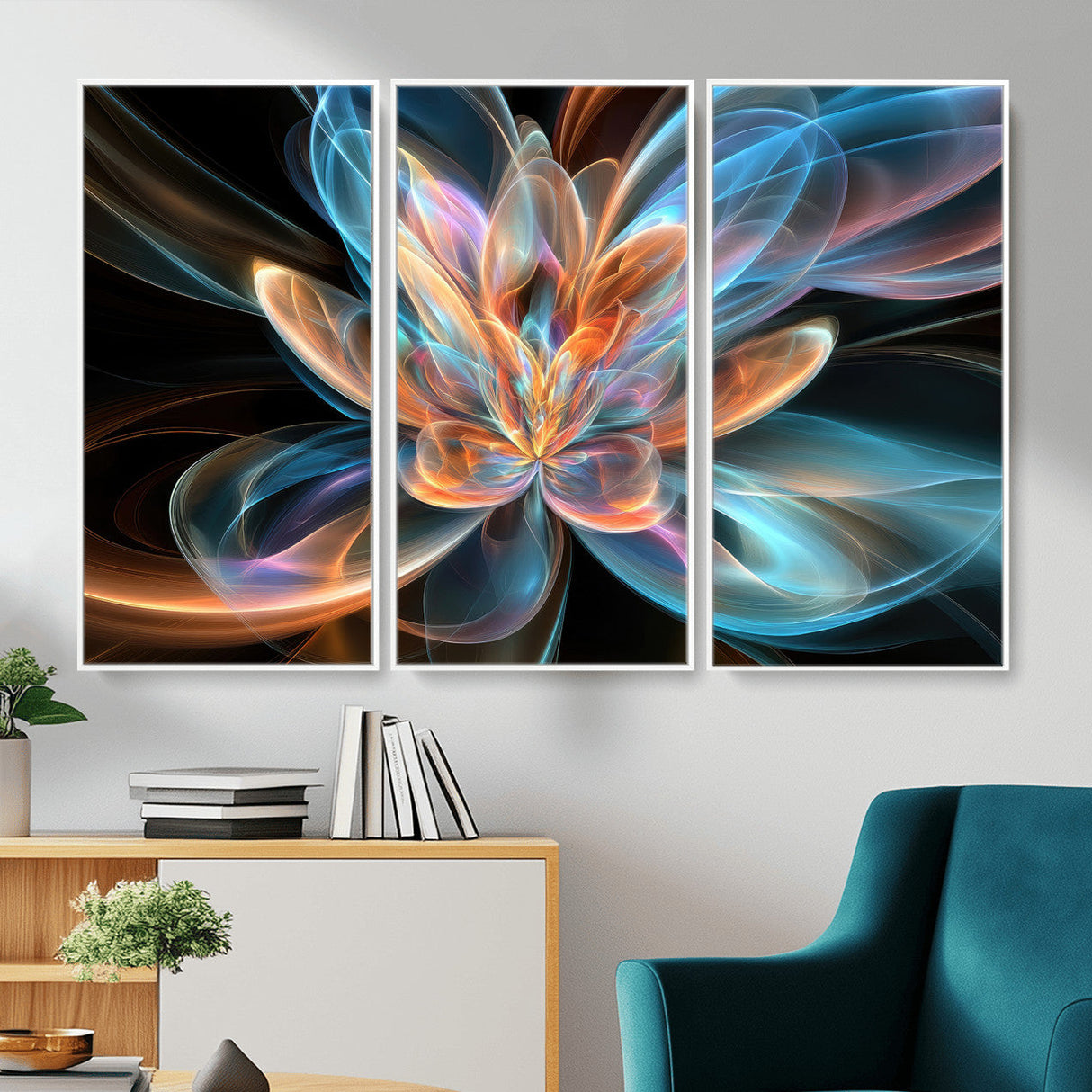 Fractal Lotus Canvas Wall Art, Blue Orange Glowing Flower Abstract Print, Modern Zen Meditation Room Decor, Ethereal Digital Art, Living Room