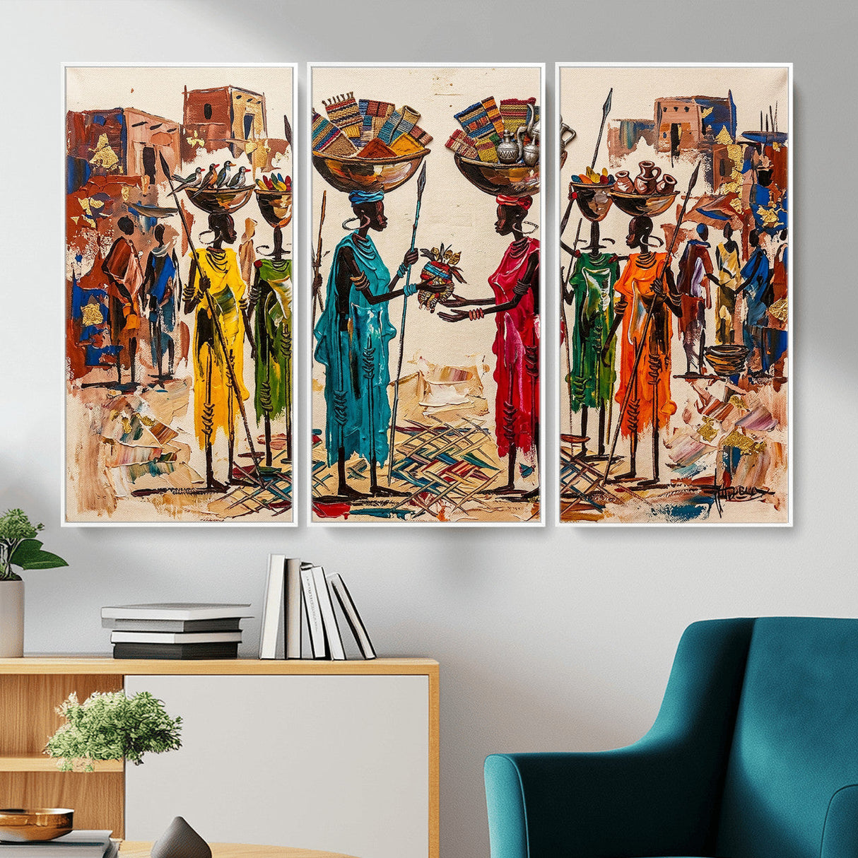 African Folk Art Canvas Wall Art, Colorful African Women Village Painting Print, Tribal Ethnic Home Decor, Vibrant African Art, Living Room