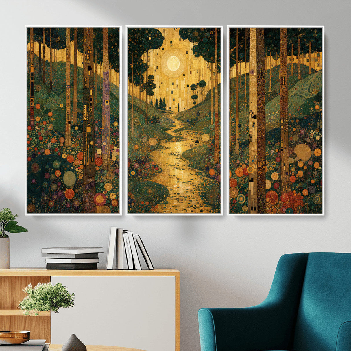 Gustav Klimt Style Forest Canvas Wall Art, Golden Forest Path Floral Art Nouveau Print, Enchanted Woodland Decor