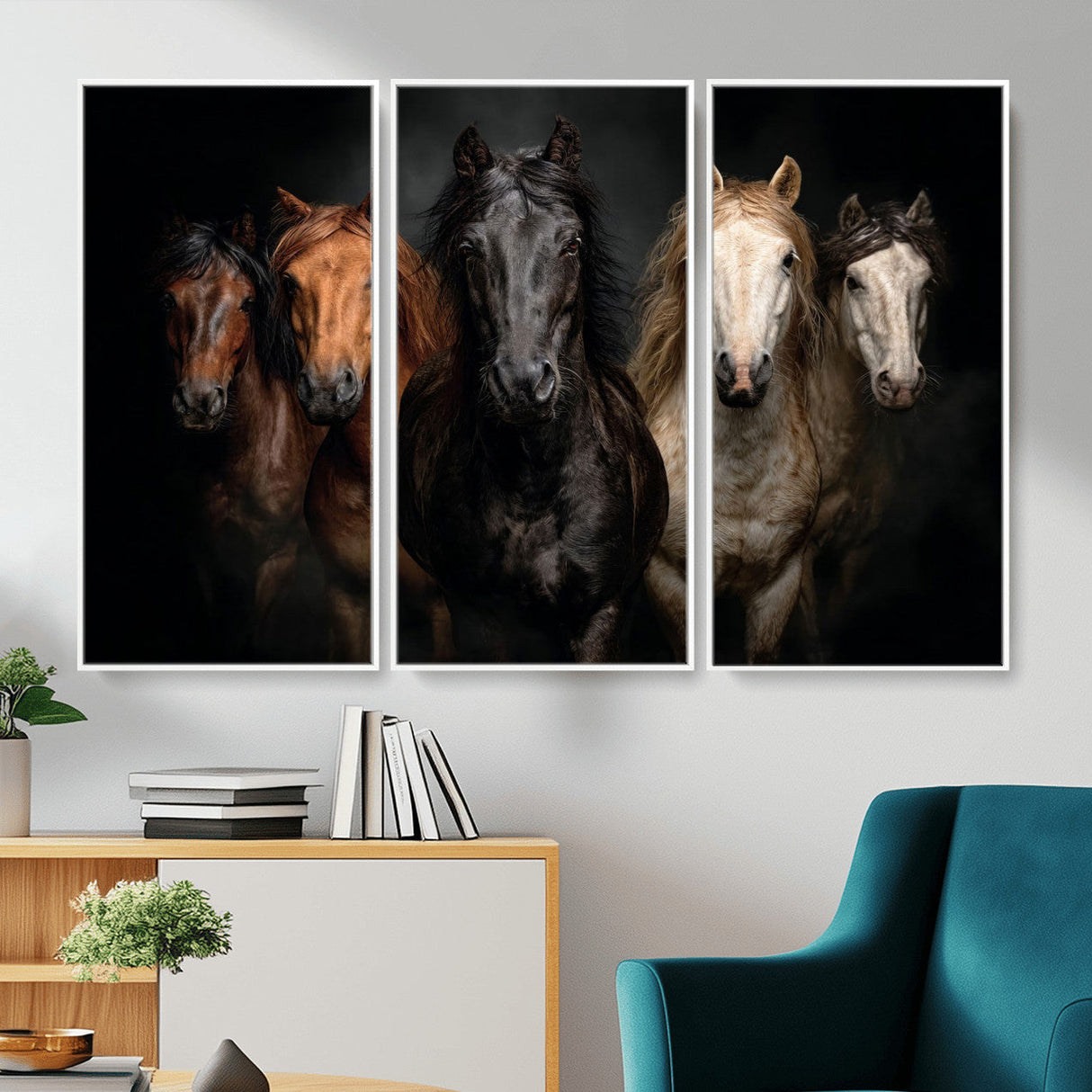 Horse Wall Art Canvas Print, Wild Horses Portrait Photography, Dramatic Equestrian Decor, Black Brown White Horse Herd, Rustic Ranch Art