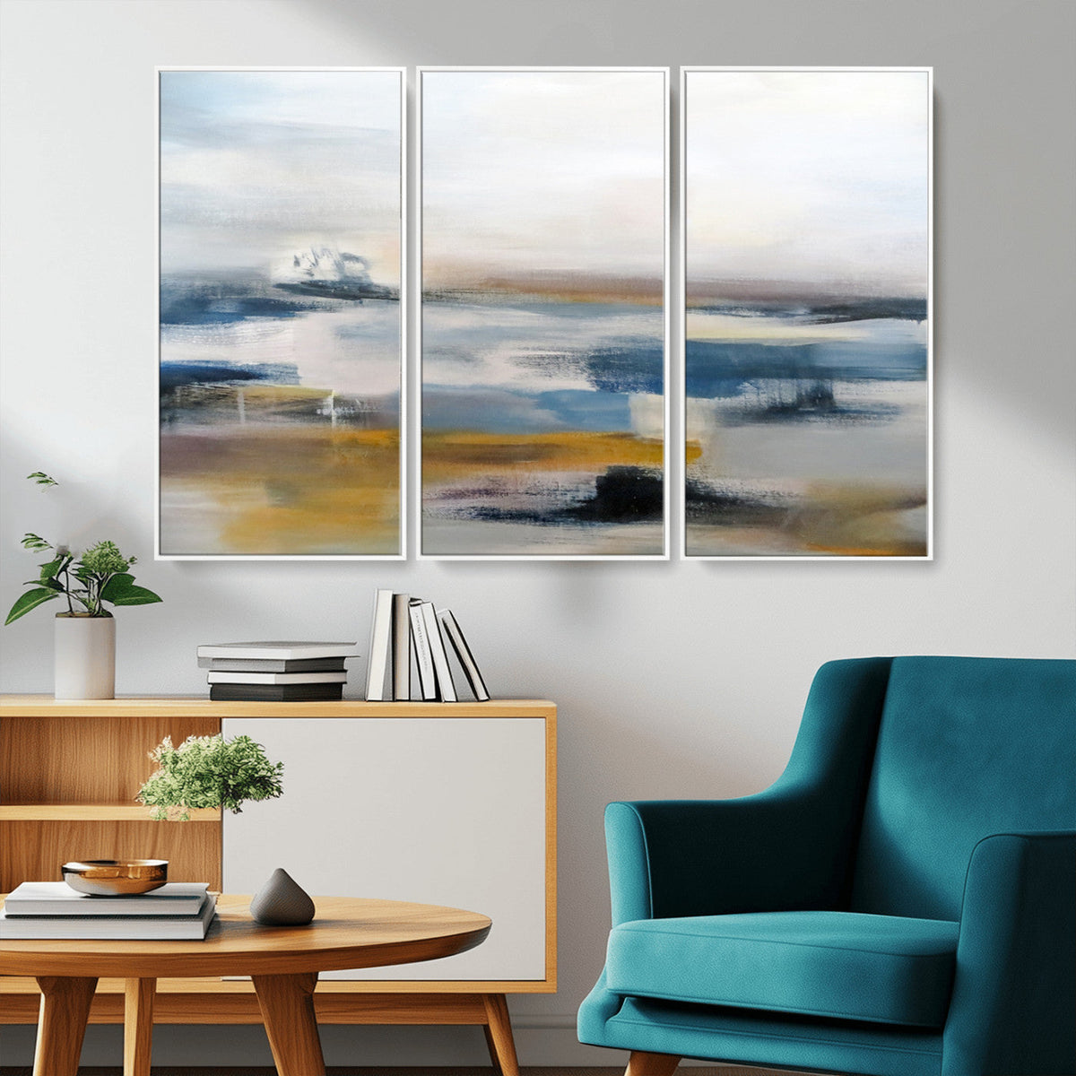 Abstract Landscape Wall Art Canvas | 3 Panel Modern Blue,