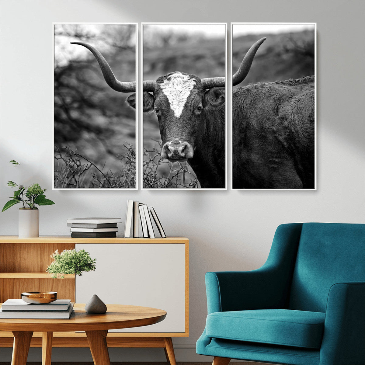 Western Home Wall Art Canvas Print, Framed Texas Longhorn