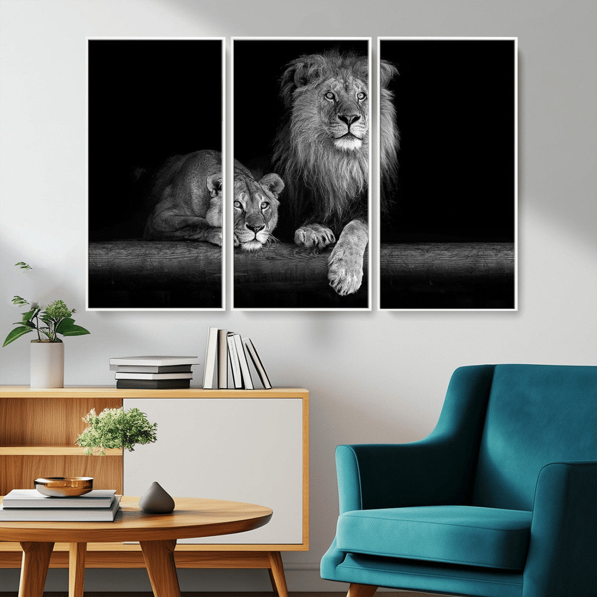 Large Black and White Lion Couple Wall Art Canvas Print –