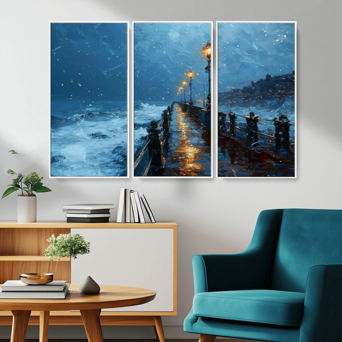 Stormy Night at Beach Pier Oil Painting Large Wall Art