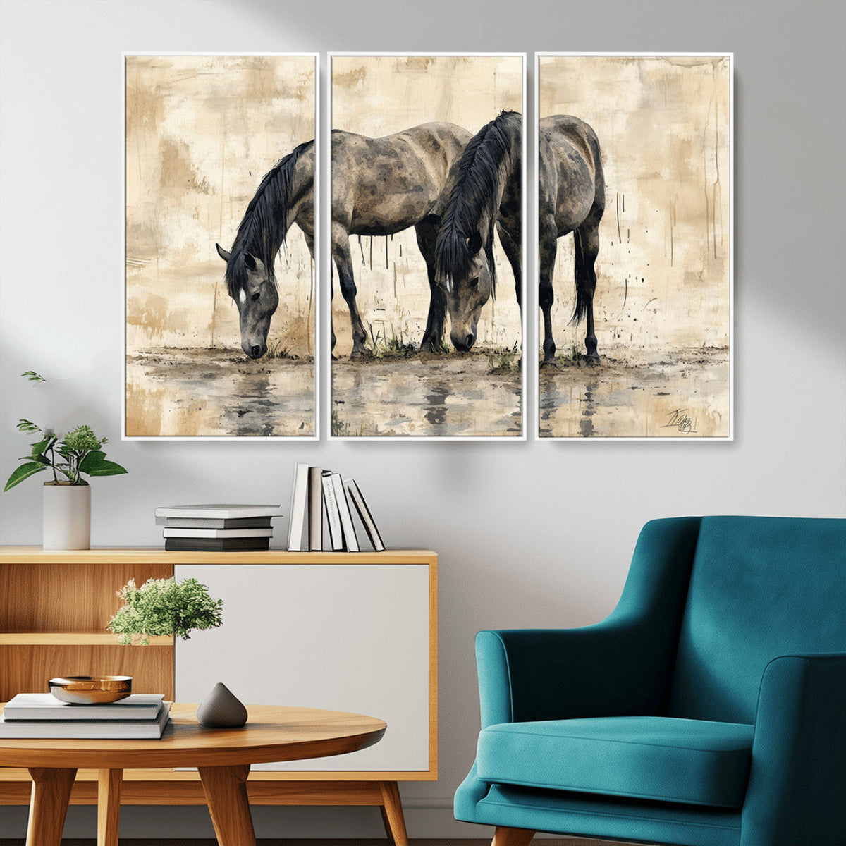 Chinese Style Abstract Black Horses Wall Art Canvas Print -