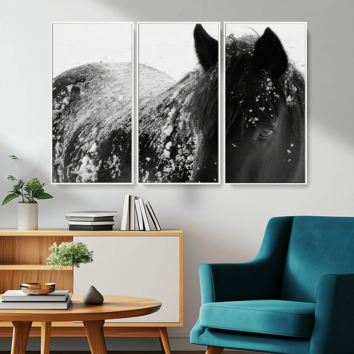 Black Horse in Snow Canvas Print | Winter Horse Wall Art |