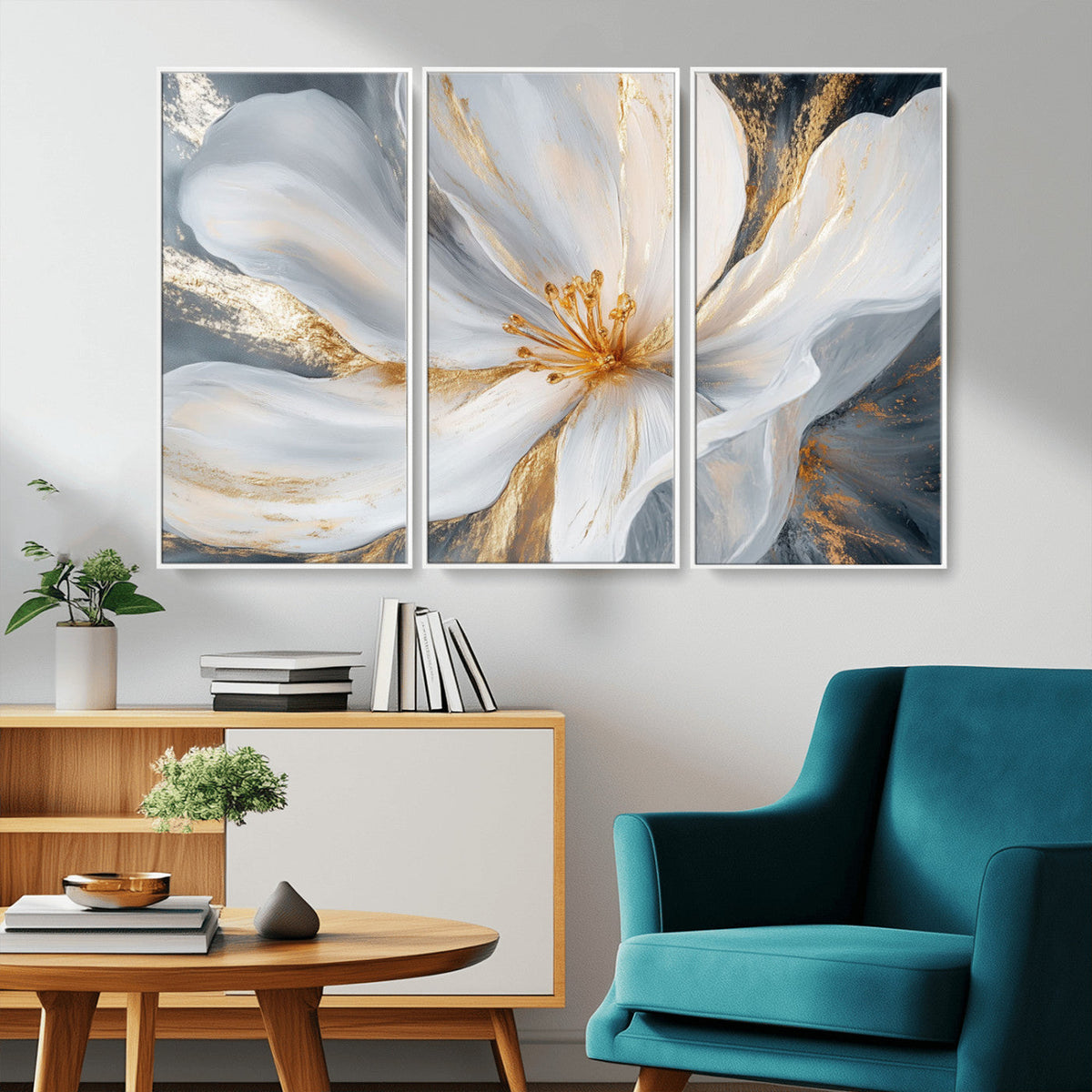 White and Gold Floral Canvas Wall Art - Framed and Ready to