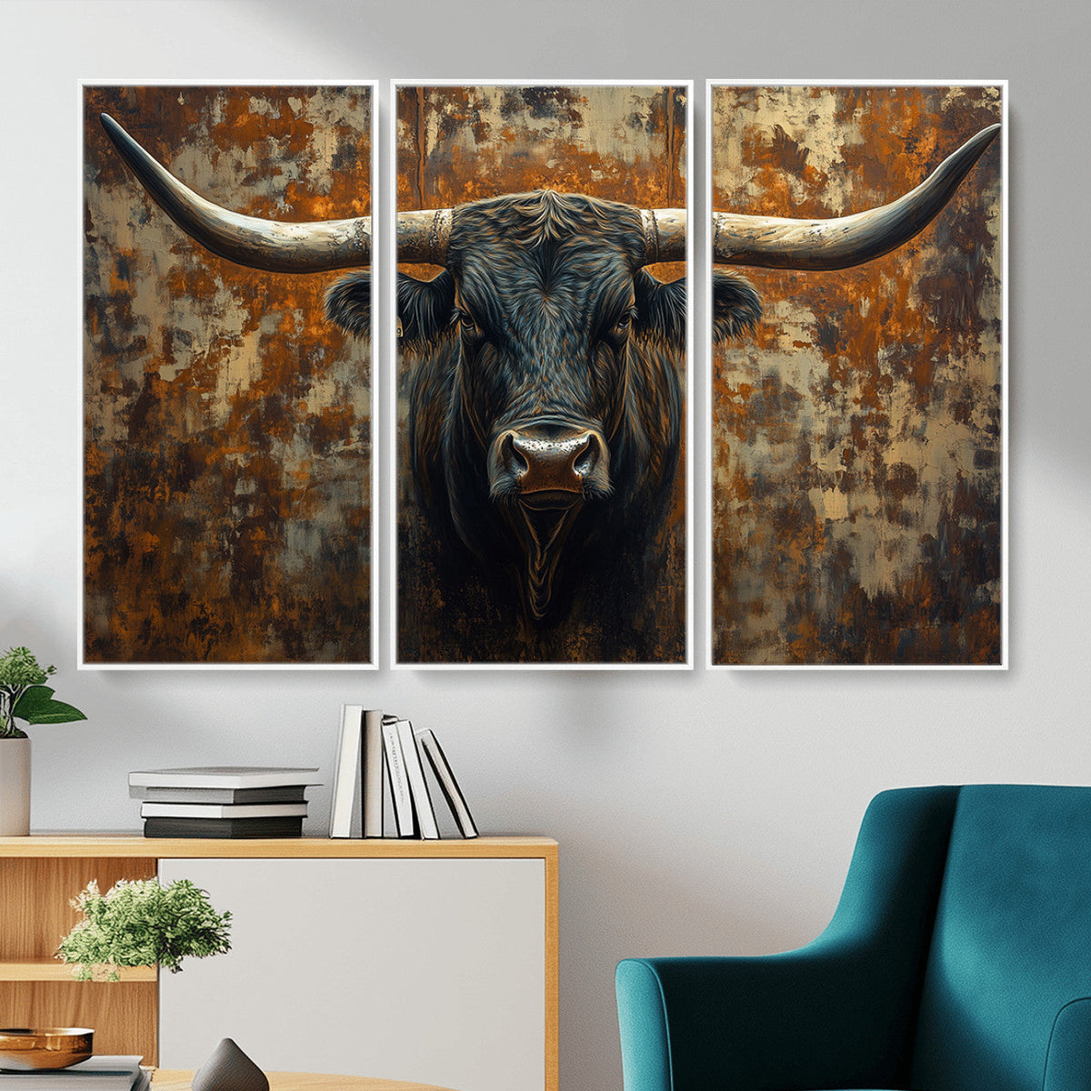Longhorn Texas Cow Bull Wall Art | Rustic Farmhouse Canvas
