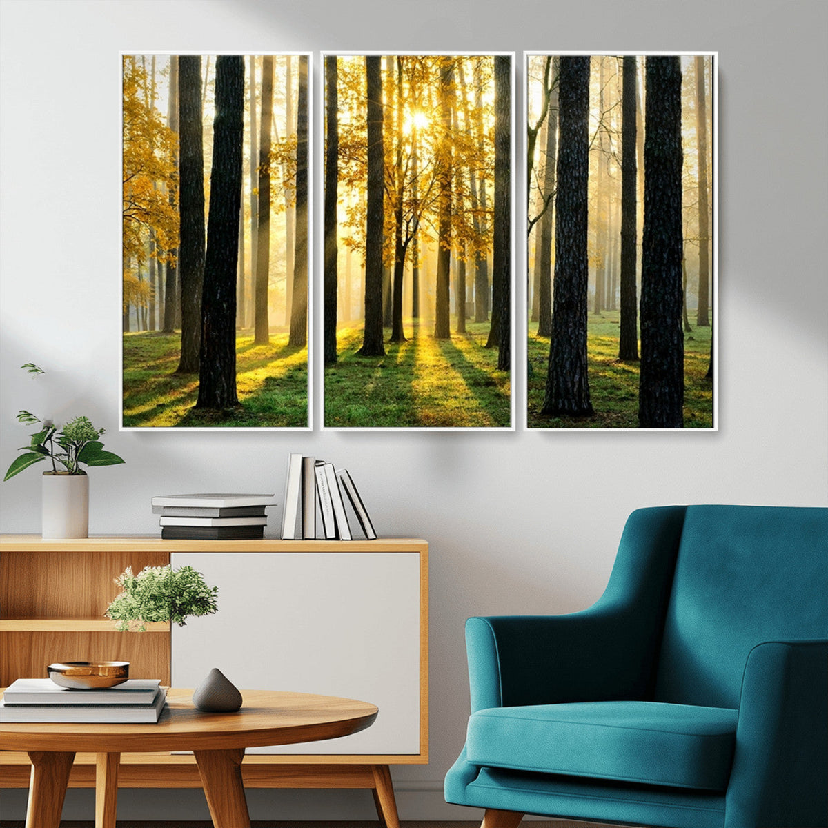Sunlit Forest Wall Art Canvas Print – Large Framed Woodland