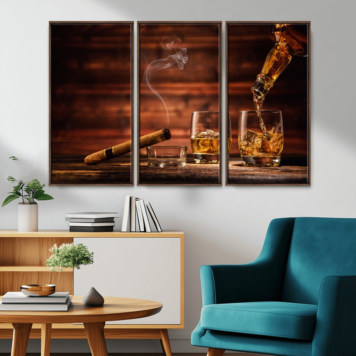 Whiskey and Cigar Wall Art Canvas | 3 Panel Bar Room Decor