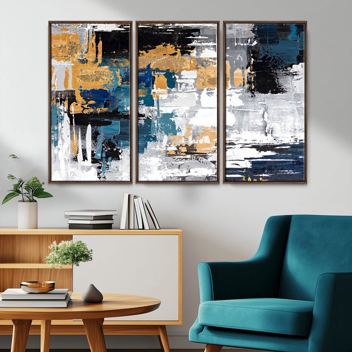 Blue and Gold Abstract Canvas Wall Art – Triptych Modern
