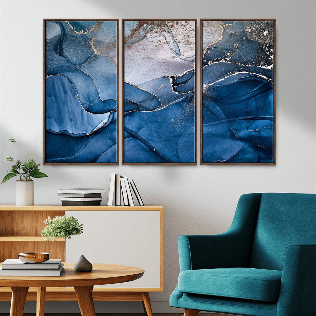 Navy Blue Canvas Art Abstract Print – Elegant Triptych